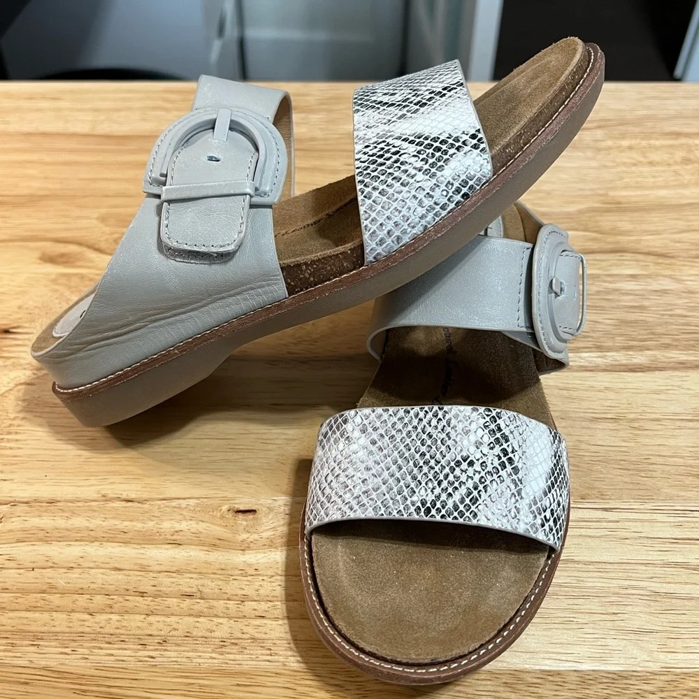 Sofft Two-Band Sandals in Light Gray and White Snake - Picture 1 of 10
